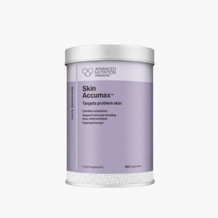shows a container of 180 Skin Accumax supplements